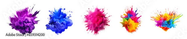 Fototapeta Powerful explosions of colorful rainbow holi powder on a transparent background. Collection of saturated paint backdrops, powder splash.