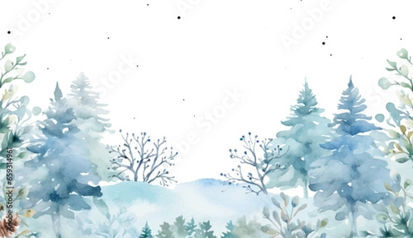 Fototapeta Watercolor winter landscape with trees, background