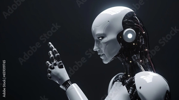 Fototapeta Artificial intelligence concept with a humanoid robot interacting with humans