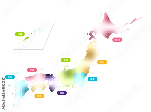 Fototapeta 日本地図 (地方別カラー分け ) ベクターイラスト (角ドット)