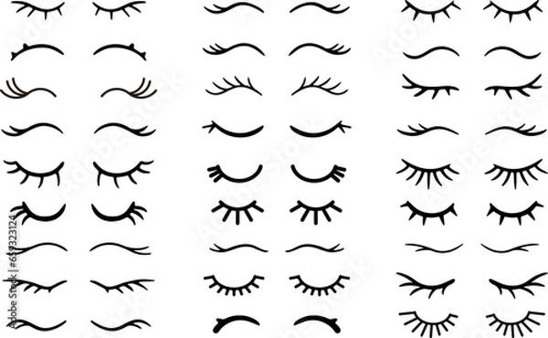 Obraz Closed eye with eyelashes with stars cute vector icon for cartoon character illustration. Night sleep girl or unicorn long eyelash line simple face part graphic makeup mascara symbol. 