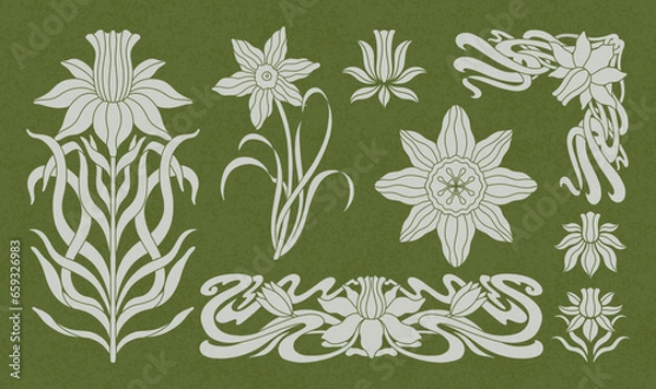 Obraz Floral narcissus plant in art nouveau 1920-1930. Hand drawn narcissus in a linear style.