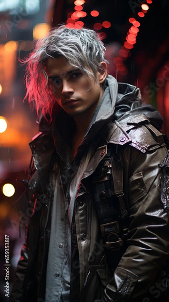 Fototapeta Gritty Cyberpunk soldier, blurry background with lights.