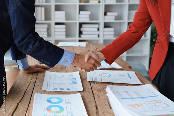 Fototapeta Handshake, contract deal and business partnership of  meeting with shaking hands. Networking, hiring and professional negotiation of onboarding collaboration and congratulations of project