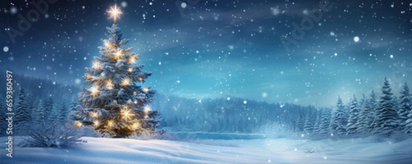 Obraz Beautiful christmas tree in fairytale snowy landscape. Wallpaper and background. Mery Christmas theme.