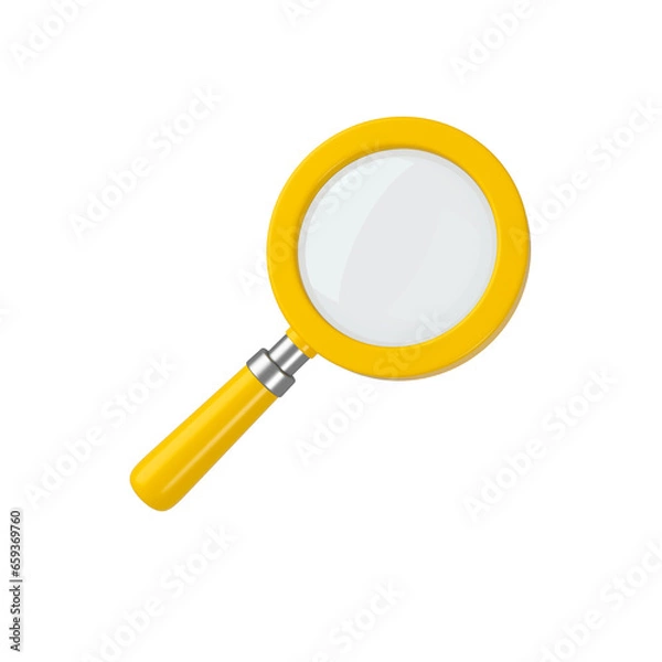 Obraz Yellow and chrome magnifying glass isolated. Transparent loupe search icon for finding, reading, research, analysis or discovery concept. 3d rendering