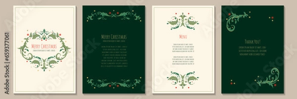 Fototapeta Set of Christmas and New Year greeting card. Green background with traditional book ornaments. Holiday design for greeting card, invitation, cover, calendar, social media posts, menu.
