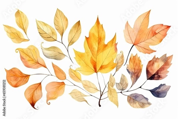 Fototapeta A beautiful watercolor painting of autumn leaves, ideal for capturing the essence of fall. Generative AI