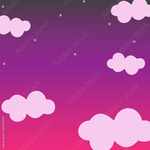 Fototapeta Purple trendy night view background with clouds and shining stars. Magic color galaxy and starry night. Vector background for social media posts, mobile apps, banners design.