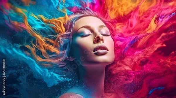 Fototapeta Holi festival day celebration, colorful illustration of beautiful girl covered in paint. Vibrant world of color and imagination.