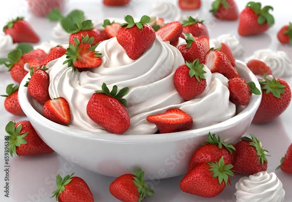 Fototapeta Bowl of Strawberries with Whipped Cream, 
Delicious Strawberry Dessert, 
Sweet Treat with Berries and Cream