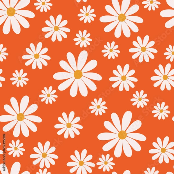 Fototapeta Hand drawn seamless pattern daisy. Cute daisies bright orange background. Simple vector print white flowers in Liberty style. Botanical illustration for the design of fabric, socks, backpack, cover.