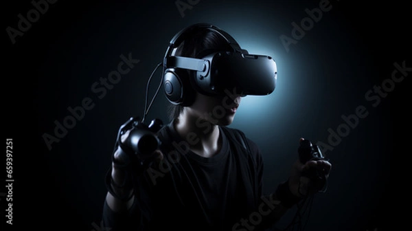 Fototapeta Virtual reality gaming concept with a person wearing a headset and using motion controllers