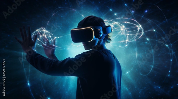 Fototapeta Virtual reality gaming concept with a person wearing a headset and using motion controllers