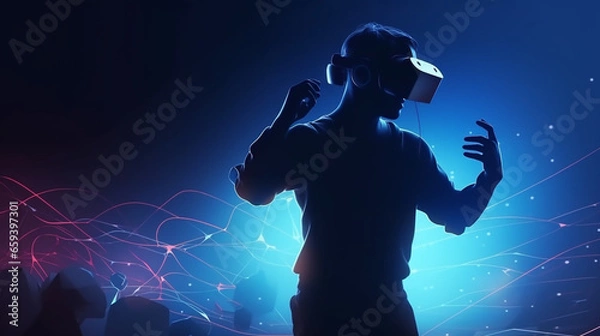 Fototapeta Virtual reality gaming concept with a person wearing a headset and using motion controllers