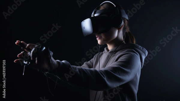 Fototapeta Virtual reality gaming concept with a person wearing a headset and using motion controllers
