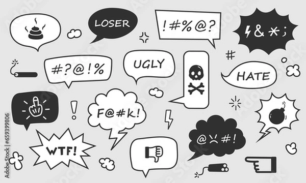 Fototapeta Set of speech bubbles of curses, insults with text and emoji on a gray background.