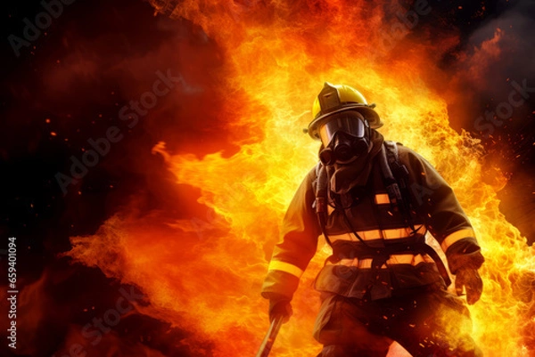 Fototapeta face closeup portrait shot of focus concentrate firefighter reaching into burning building
