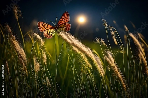 Obraz sunrise in wheat field with butterfly 