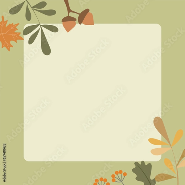 Fototapeta Autumn mood greeting card poster template. Minimalist postcard, baner nature leaves, trees, pumpkins, abstract shapes. Vector illustration in flat cartoon style on white background