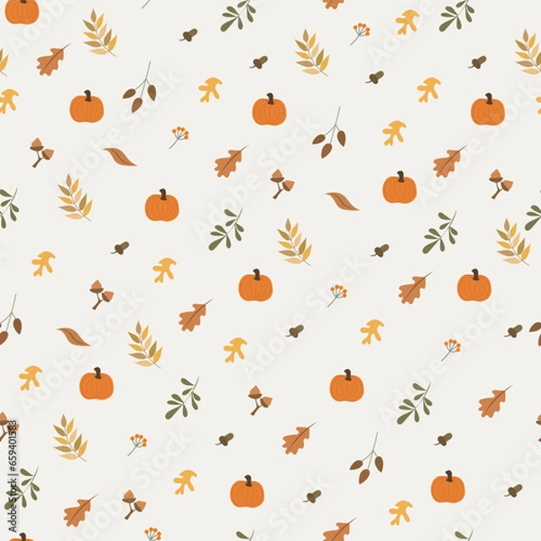 Fototapeta Vector colorful autumn natural seamless pattern with fall leaves, fruits, pumpkins and leafs. Seamless background. November.