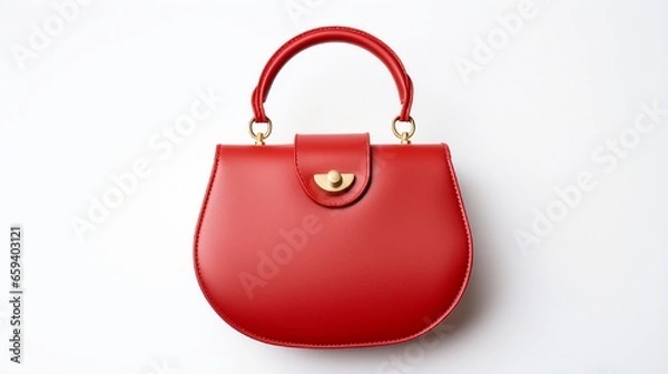 Fototapeta On a white background, there is a red leather purse. Women's accessories that are fashionable. View from the top.