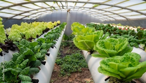 Fototapeta Green vegetables in a cultivation dome, without using soil, on an organic farm in Thailand. They are non-toxic food.