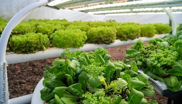 Fototapeta Green vegetables in a cultivation dome, without using soil, on an organic farm in Thailand. They are non-toxic food.