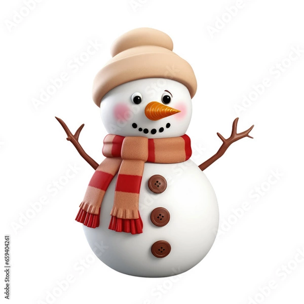 Obraz Cute snowman in 3D cartoon style isolated  on transparent background