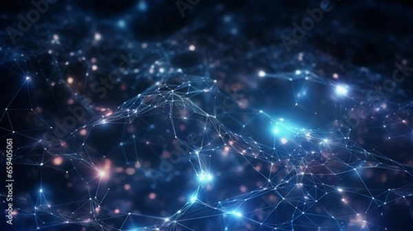 Obraz Data technology abstract futuristic illustration . Low poly shape with connecting dots and lines on dark background. 3D rendering . Big data visualization .