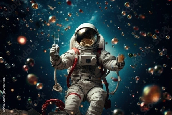 Fototapeta an astronaut celebrates the New Year in space, a Christmas tree in zero gravity, holiday decorations and a Christmas tree in space