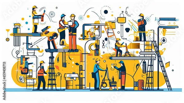 Obraz Construction workers set, repair service employees, builders, repairmen and renovation foremen with professional tools isolated line art flat vector illustration. Generative Ai