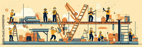 Obraz Construction workers set, repair service employees, builders, repairmen and renovation foremen with professional tools isolated line art flat vector illustration. Generative Ai