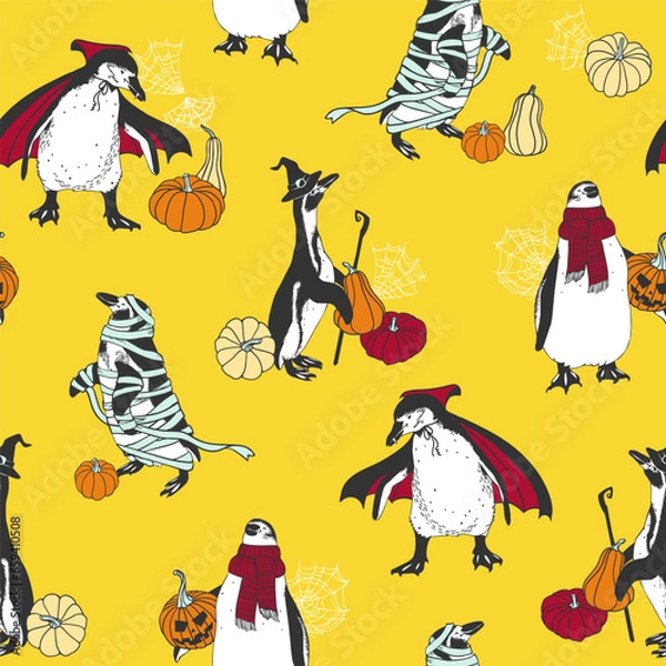 Fototapeta Happy Halloween seamless pattern. Penguins in costumes