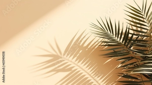 Fototapeta Beige background with shadow and palm leaves