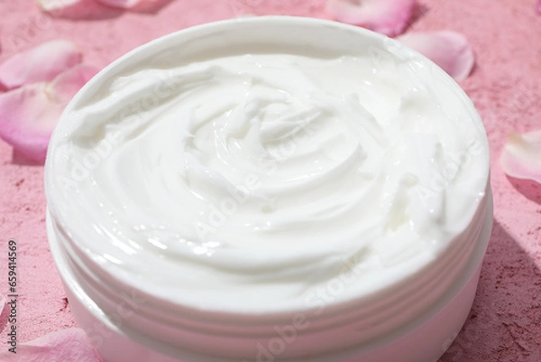 Obraz Jar with cream and rose petals on pink background, close up