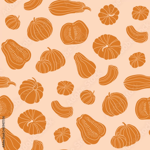 Fototapeta Pumpkin stylish seamless pattern. Autumn orange food fabric design in hand-drawn style. Whole and slices of pumpkin isolated on pastel orange background. 