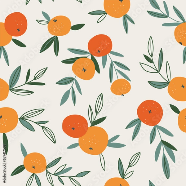 Fototapeta Fruit seamless pattern in neutral pastel colors. Vector hand-drawn orange repeat background. Tropical garden print design.