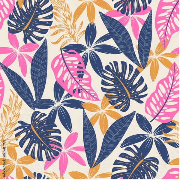 Fototapeta Abstract seamless tropical pattern with bright plants and leaves on a beige background. Vintage pattern. Beautiful seamless vector floral pattern. Exotic wallpaper.
