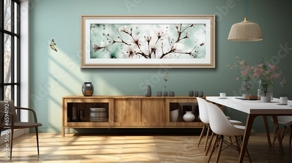Fototapeta  a picture of a dining room with a table and chairs.  generative ai