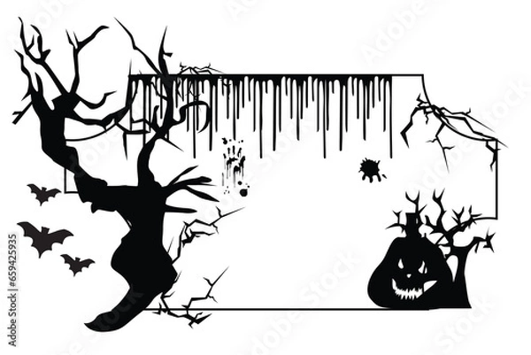 Fototapeta Spooky silhouette background, trees, bats and house fences suitable for Halloween background in October vector illustration