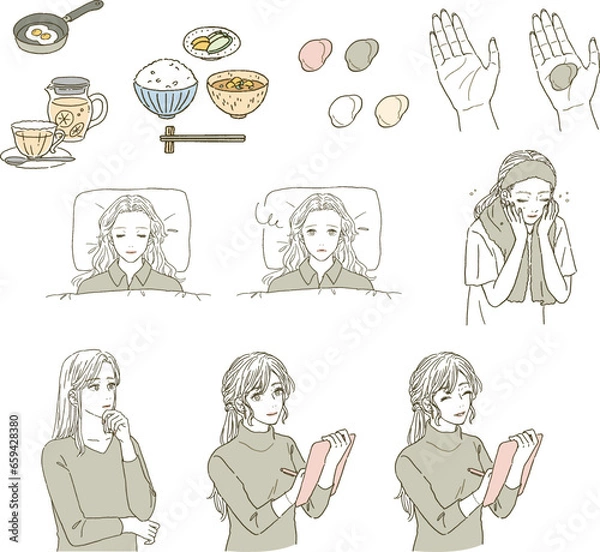 Obraz ビューティー　眠る女性と洗顔する女性のイラストレーションセット