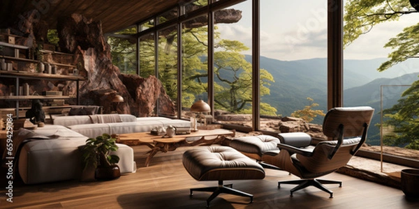 Obraz Interior Design, Minimalistic Living room with serene nature view, Beautiful villa design in the forest