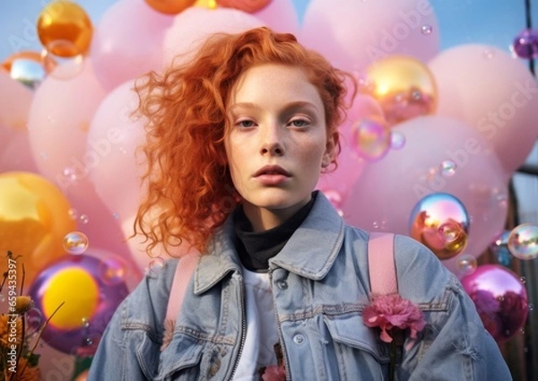 Fototapeta A fiery-haired girl embraces the changing seasons as she stands amidst a colorful explosion of balloons, her puffy jacket adding to the whimsical atmosphere