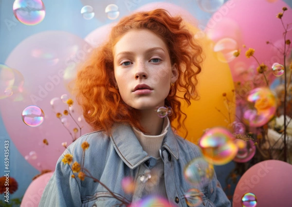 Fototapeta A vibrant girl with fiery locks and dotted cheeks braves the chilly season, surrounded by a burst of colorful bubbles that match her puffy jacket and playful spirit