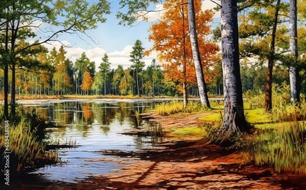 Obraz Forest lake on a sunny day in the autumn forest