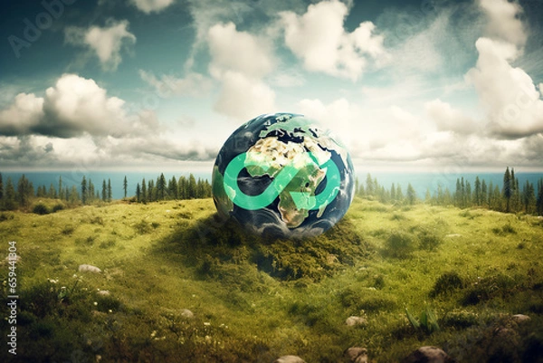 Fototapeta Virtual globe with circular economy icons on natural  background, Circular economy is sustainable business development in the future by use AI generative technique.