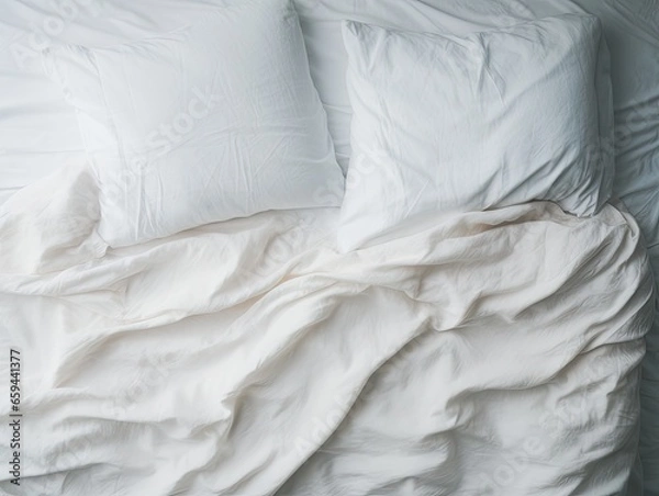 Obraz Top View of Unmade Bedding Sheets and Pillow. Comfortable Sleep Concept with Messy, White Duvet