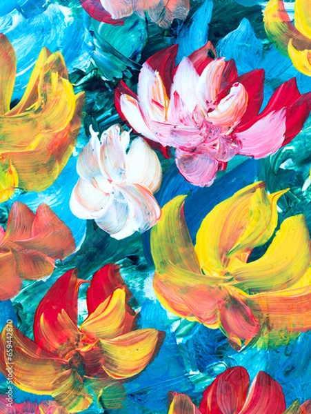 Obraz Red and yellow flowers on blue, abstract painting, original hand drawn, impressionism style, color texture, brush strokes of paint, art background.