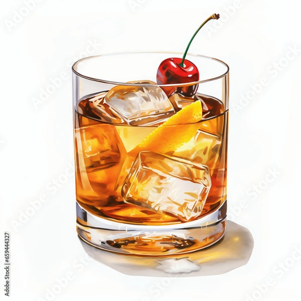 Fototapeta Whiskey with ice and cherry on a white background. 3d illustration